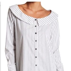 CAD White & Grey Striped Button-Up Blouse XS Oversized Collar Long Sleeve